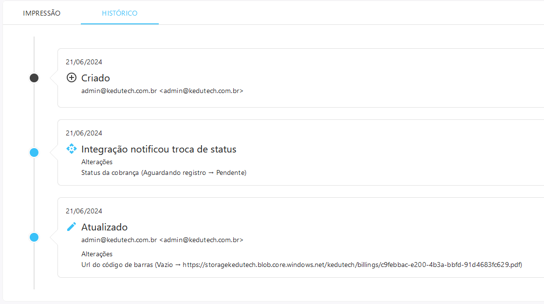 Histórico da cobrança - depois