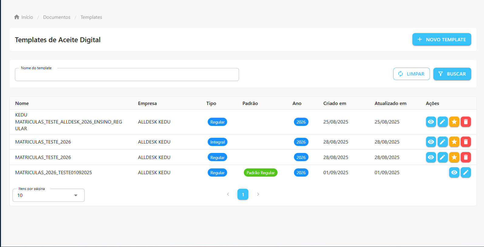 Tela Gerenciar Templates